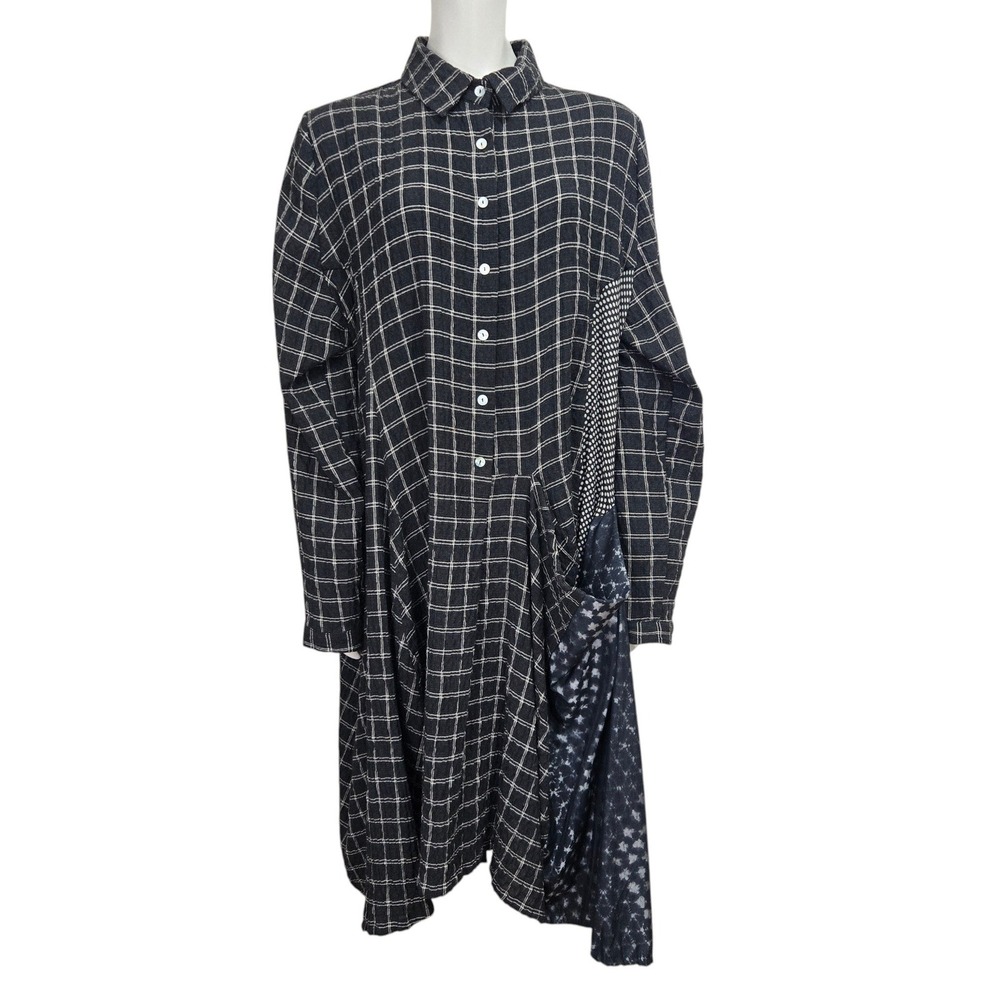 Alembika Pocket Shirt Dress 6 / 16 Black Plaid Mixed Print Lagenlook Asymmetric
